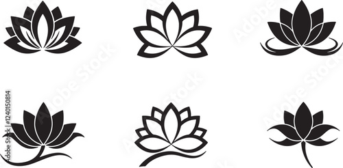 Minimalistic Black Lotus Flower Design with Symmetrical Petals, Featuring Two Variations: One with a Full Bloom and the Other in a Slightly Smaller, More Subtle Form, Representing Balance and Serenity
