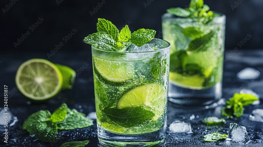 Refreshing mojito cocktail with lime and mint on dark surface with ice cubes in a glass Refreshing mojito cocktail with lime and mint on dark surface with ice cubes in a glass