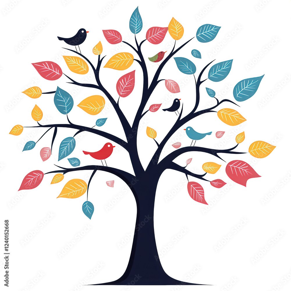 Fototapeta premium A tree with colorful leaves and birds on it