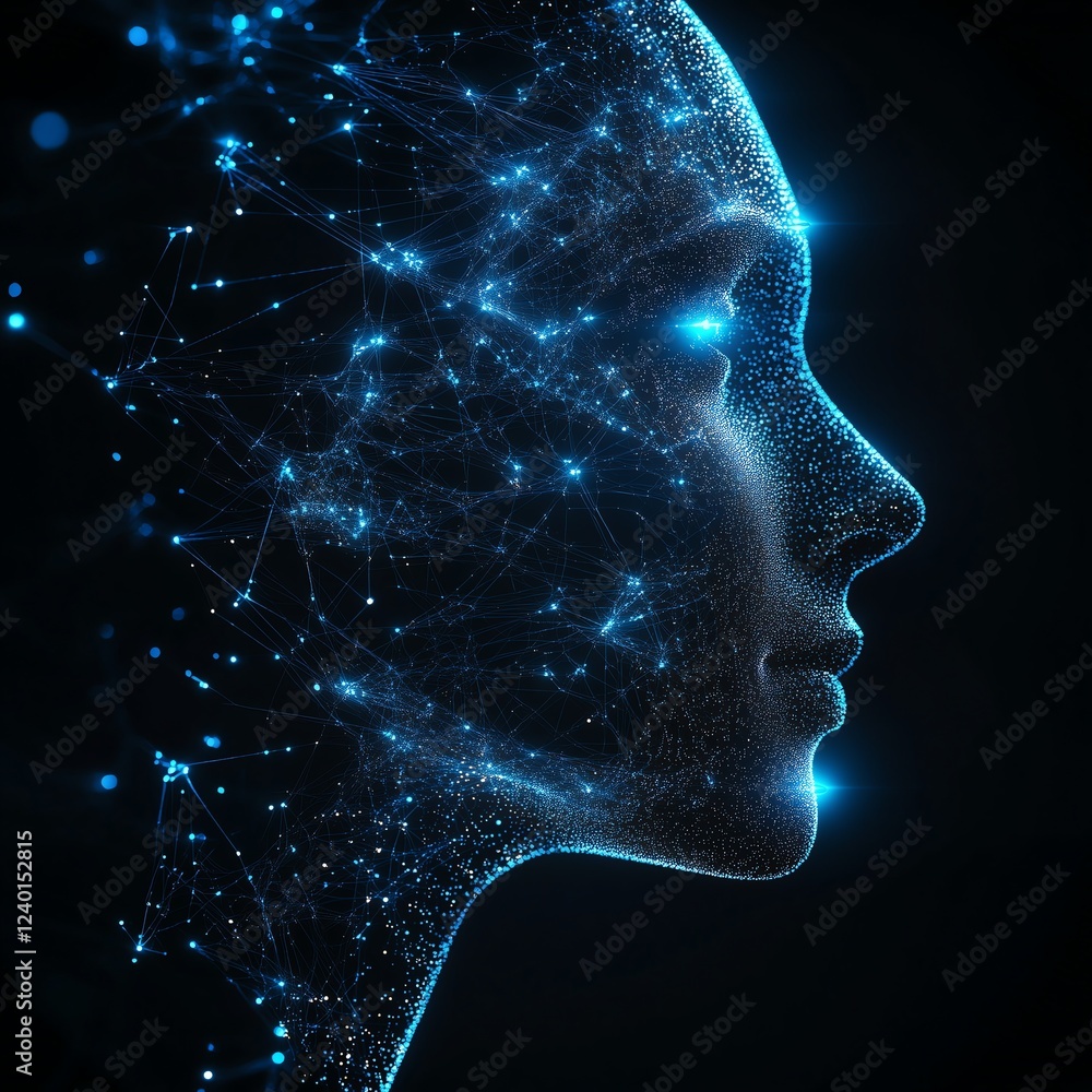 Obraz premium Minimalist low-poly AI face with glowing blue circuit lines running across its structure, set against a dark tech background with ample copy space.