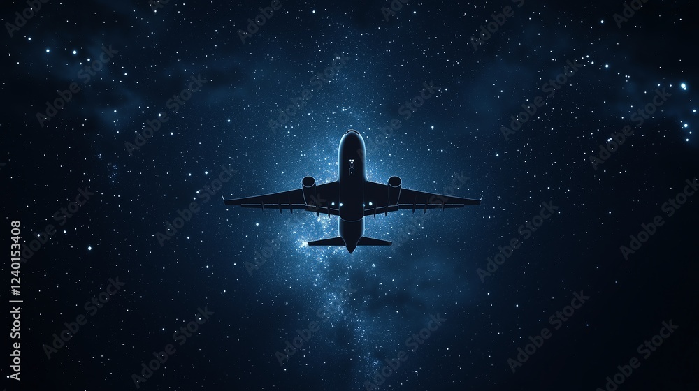 Naklejka premium Abstract Digital Airplane Flying Into a Starry Night, Polygonal Design with Minimal Line Art on a Dark Background, Representing the Future of Travel and Exploration
