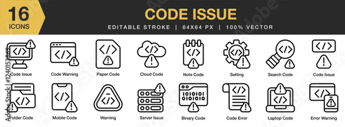 Code Issue icon set. Editable Stroke Icon Collection. Includes code, technology, data, computer, software, and More. Outline icons vector collection.
