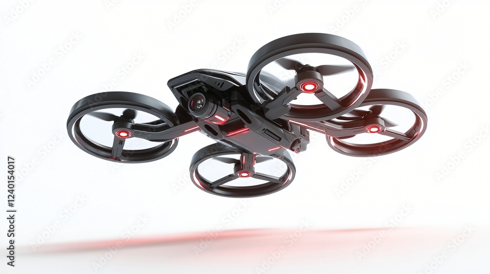Futuristic Black Drone with Red Lights in Flight Aerial Technology Quadcopter Futuristic Black Drone with Red Lights in Flight Aerial Technology Quadcopter