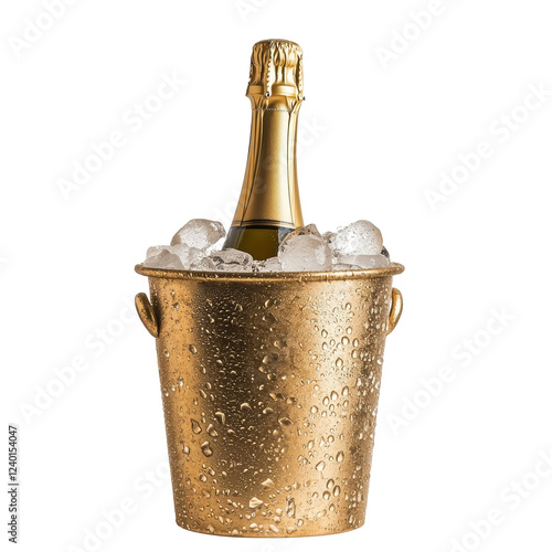 A gleaming gold ice bucket holds a chilled champagne bottle surrounded by ice, exuding luxury and celebration.