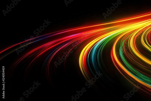 A vibrant display of colorful light trails on a black background, ideal for Black History Month themes, modern digital art promotions, and energetic advertising.