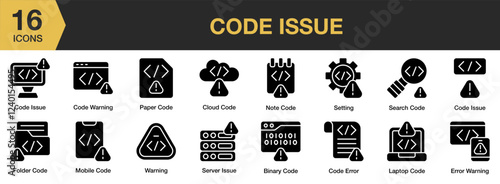 Code Issue solid icon set. Includes programming, digital, network, developer, system, and More. Solid icons vector collection.