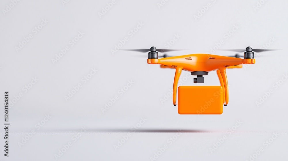 Orange Drone Delivering Package Aerial Delivery Service Modern Technology Orange Drone Delivering Package Aerial Delivery Service Modern Technology