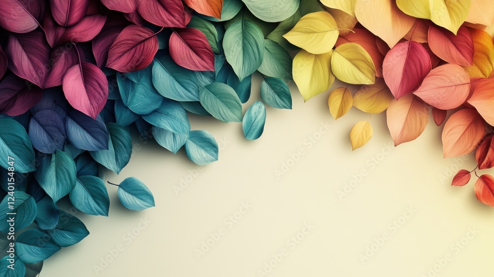 Obraz premium Vibrant Rainbow Leaf Collage: A Spectrum of Autumnal Hues and Natural Beauty