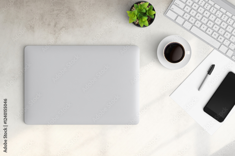 Modern workspace with copy space on table background. Top view with copy space. Flat lay style. Minimal blank mockup.