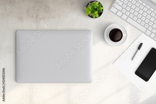 Obraz na płótnie Modern workspace with copy space on table background. Top view with copy space. Flat lay style. Minimal blank mockup. w salonie