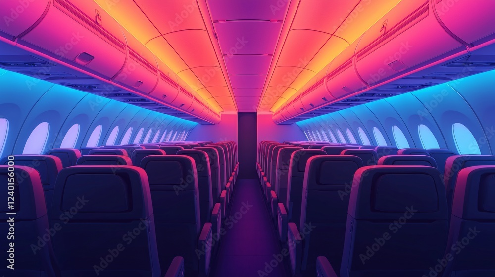 Fototapeta premium Airplane Cabin Interior with Colorful Neon Lighting Empty Seats Modern Design