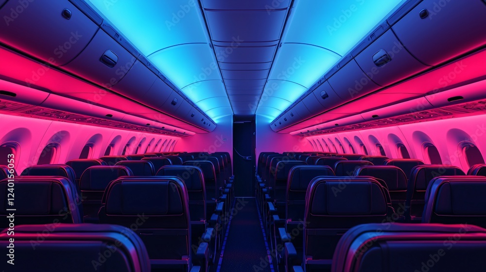 Fototapeta premium Airplane Cabin Interior with Neon Pink and Blue Lighting Empty Seats Modern Aircraft Design