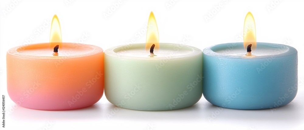 Three pastel candles burning with bright flames on a white background creating a peaceful mood Three pastel candles burning with bright flames on a white background creating a peaceful mood