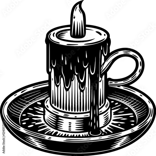 Monochrome image of a dripping candle in a candlestick holder with a loop for carrying