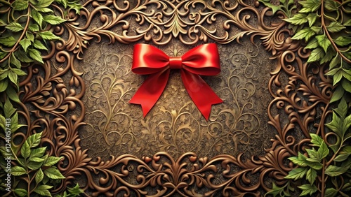 Ornate bronze frame with a vibrant red bow and lush green leaves