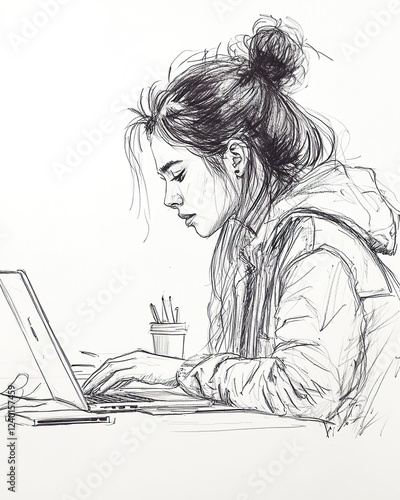 Pen Sketch of Woman Working on Laptop photo