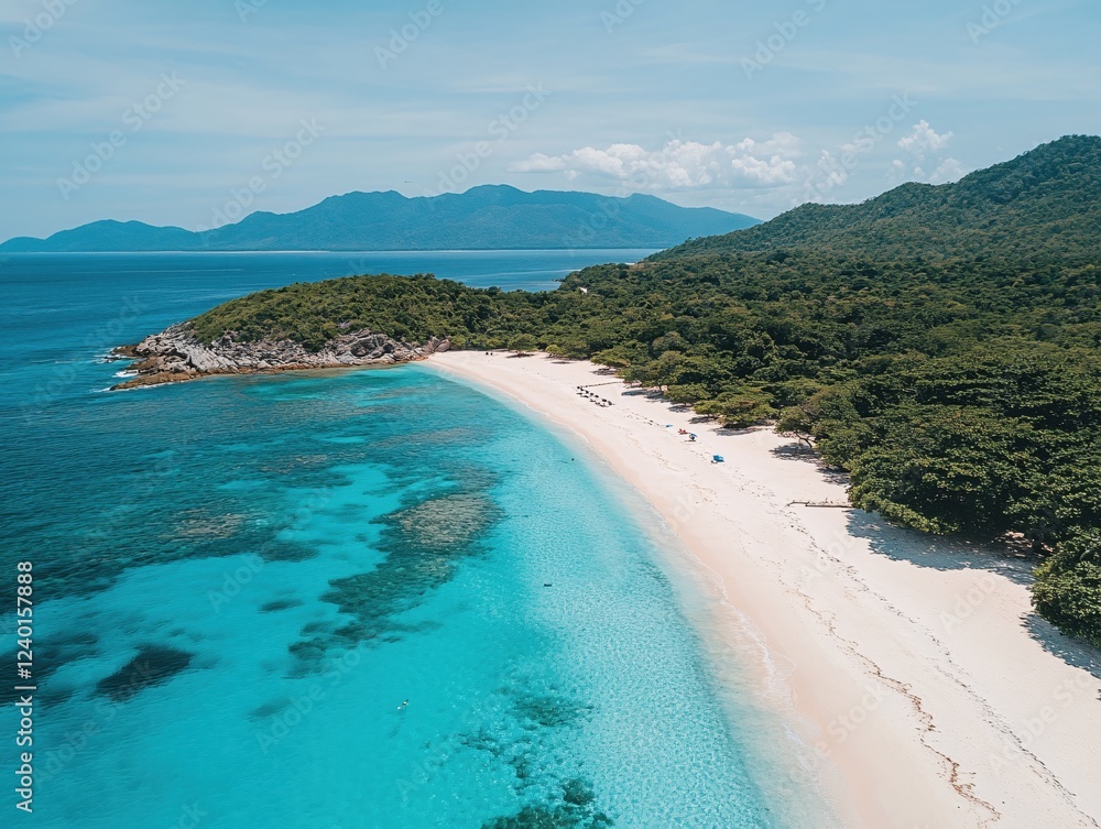 Aerial view of a tropical beach with turquoise water white sand and lush green vegetation Aerial view of a tropical beach with turquoise water white sand and lush green vegetation