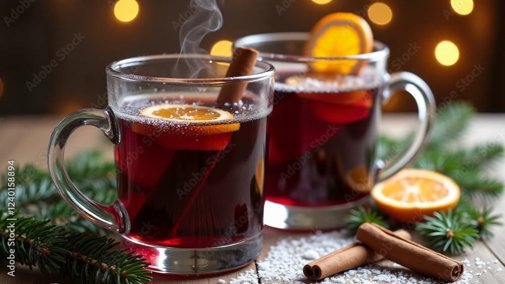 Two glasses of mulled wine sit among snowy pine branches. Cinnamon sticks, dried oranges, and glowing fairy lights create a festive and cozy winter atmosphere. Two glasses of mulled wine sit among snowy pine branches. Cinnamon sticks, dried oranges, and glowing fairy lights create a festive and cozy winter atmosphere.