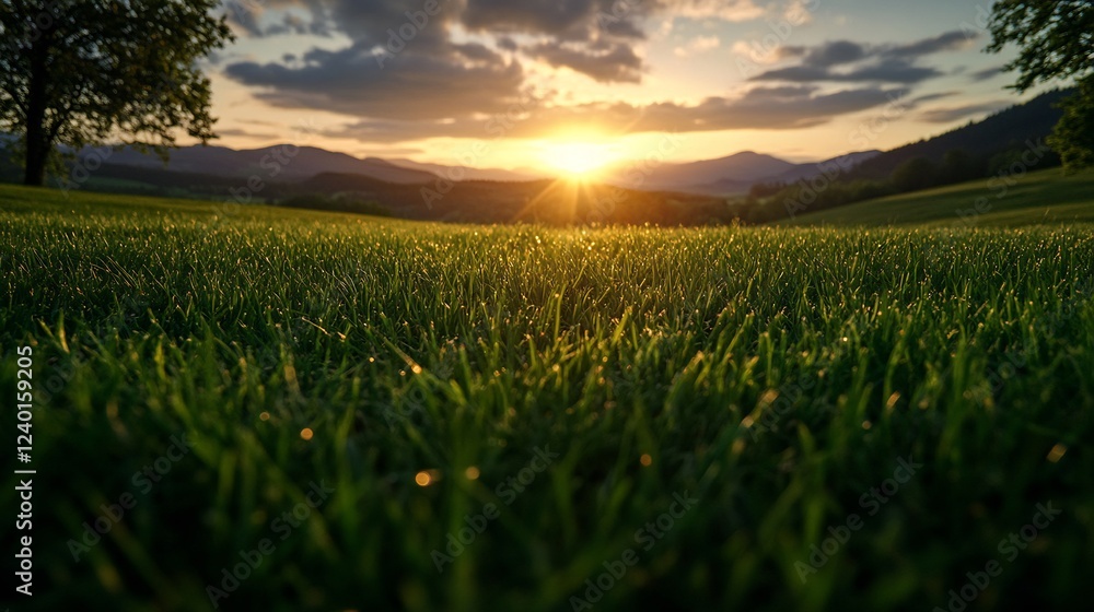 Sunset over Green Field with Mountains in Background Sunset over Green Field with Mountains in Background