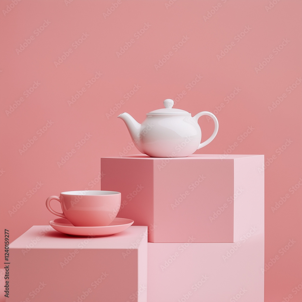 A white teapot and a pink teacup sit on pink cubes against a pink background. A white teapot and a pink teacup sit on pink cubes against a pink background.