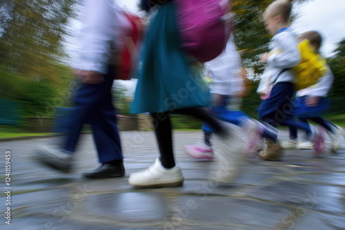 School children walking with female teacher, motion blur photo