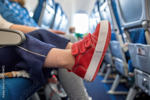 Boy kicking woman's seat on plane photo