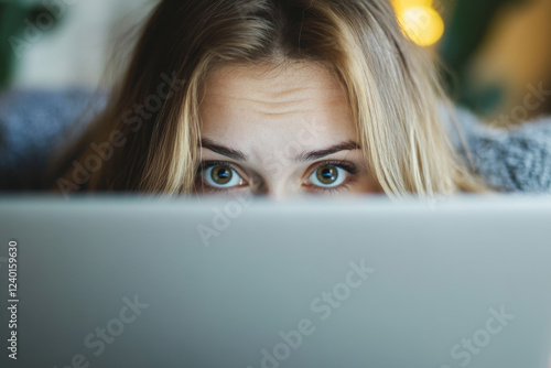 Woman hiding under laptop photo