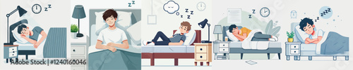 vector of a young man sleeping on a bed
