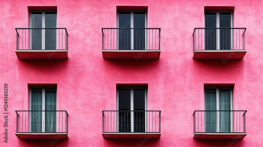 Obraz premium Pink building facade with symmetrical windows and balconies.