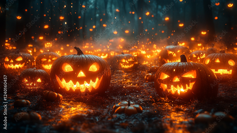 Naklejka premium Spooky Halloween Jack OLanterns Glowing Dark Forest Night Scene Art Scary Magic Eerie Scary Black