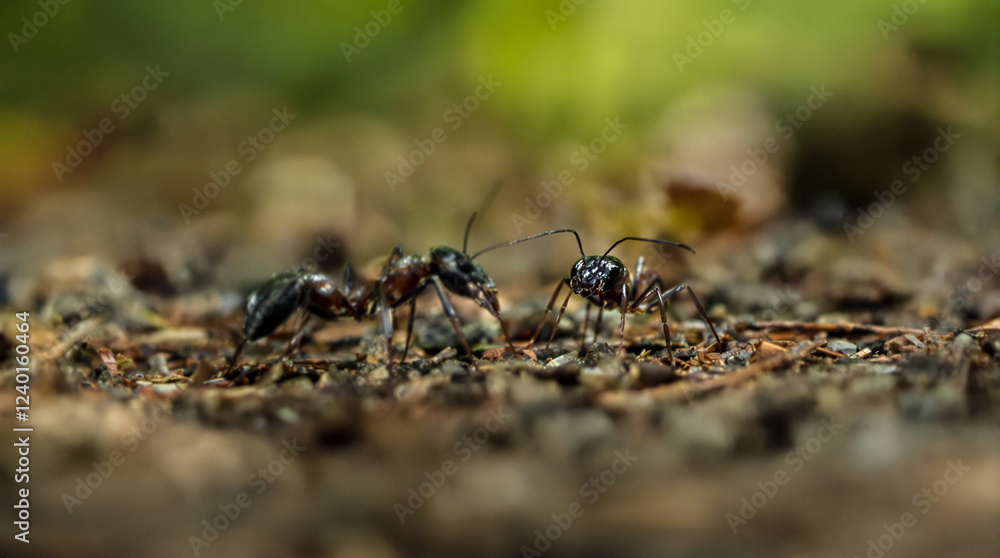 A group of black ants are on the ground.