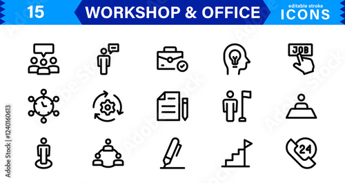 Workshop & Office Icon Set. Professional Vector Icons with Outline, Minimalist, and Flat Designs for Tools, Business, Workspace, and Productivity photo