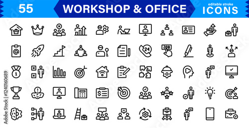 Workshop & Office Icon Set. Professional Vector Icons with Outline, Minimalist, and Flat Designs for Tools, Business, Workspace, and Productivity photo