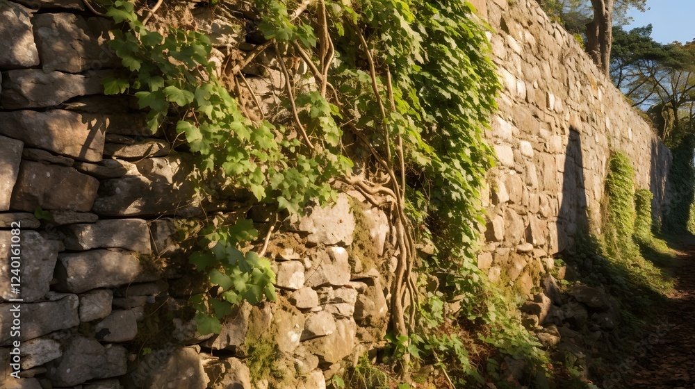 Lush and verdant ivy creeping up an ancient weathered stone wall in a picturesque garden landscape The natural organic growth of the vines covers the aged masonry Lush and verdant ivy creeping up an ancient weathered stone wall in a picturesque garden landscape The natural organic growth of the vines covers the aged masonry