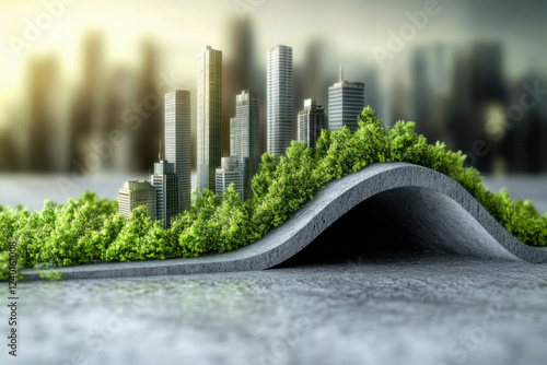 Abstract curve chart made out of concrete old city transforming into green fresh environment with alternative energy photo