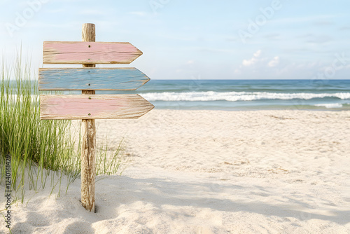 Coastal vibes with directional wooden sign on sandy beach