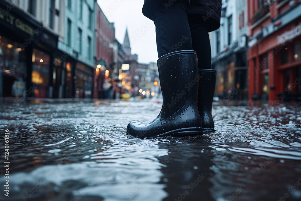 Obraz premium Person's feet in rubber boots standing in flood water in city street