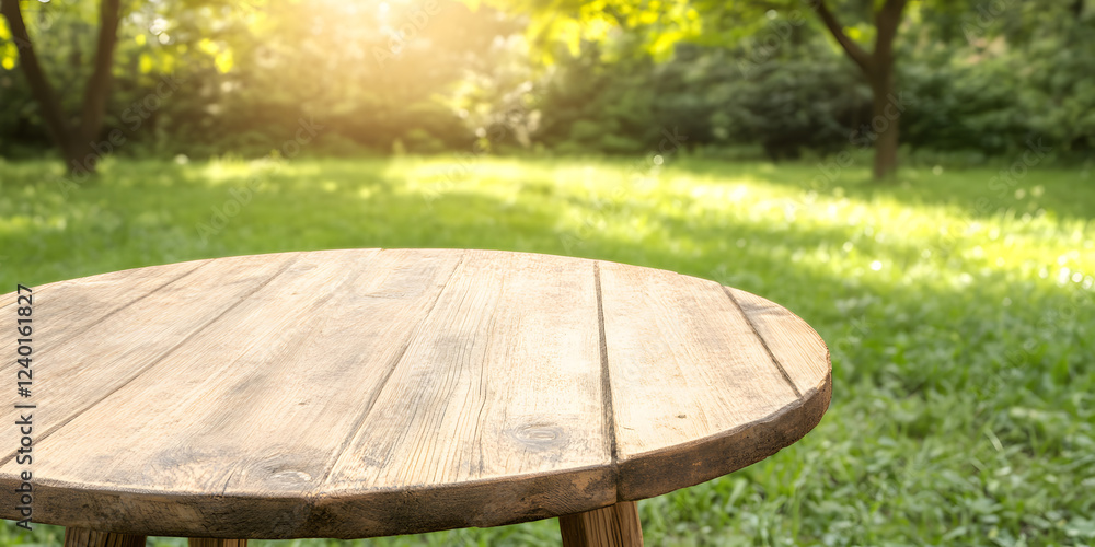 Fototapeta premium rustic wooden table in peaceful park setting with warm sunlight