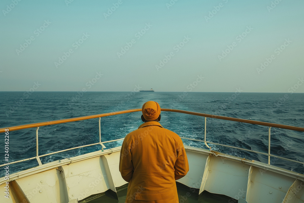 Fototapeta premium young indian man standing on ocean boat