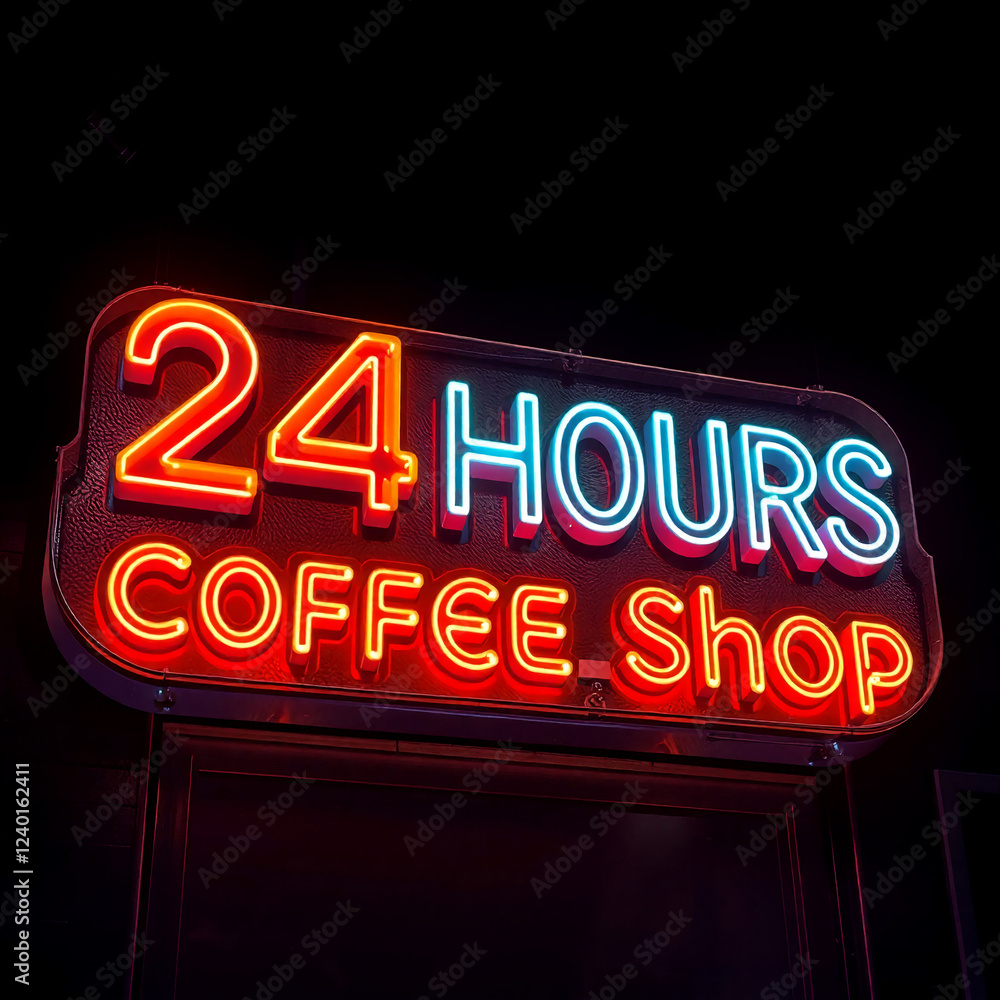 Fototapeta premium AI genertaive. 24 hours coffee shop, text light glow effect, text sign on dark background. 7