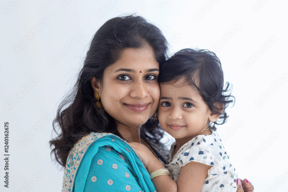 indian mother and daughter standing on white background indian mother and daughter standing on white background