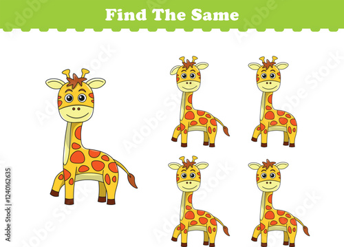 Funny cartoon giraffe. Find same pictures. Educational game for children. Cartoon vector illustration