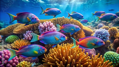 Vibrant Underwater Scene with Colorful Fish and Coral Reefs