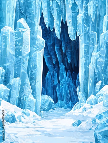 Frozen cavern with ice stalactites and snow covered ground in a cold winter landscape photo