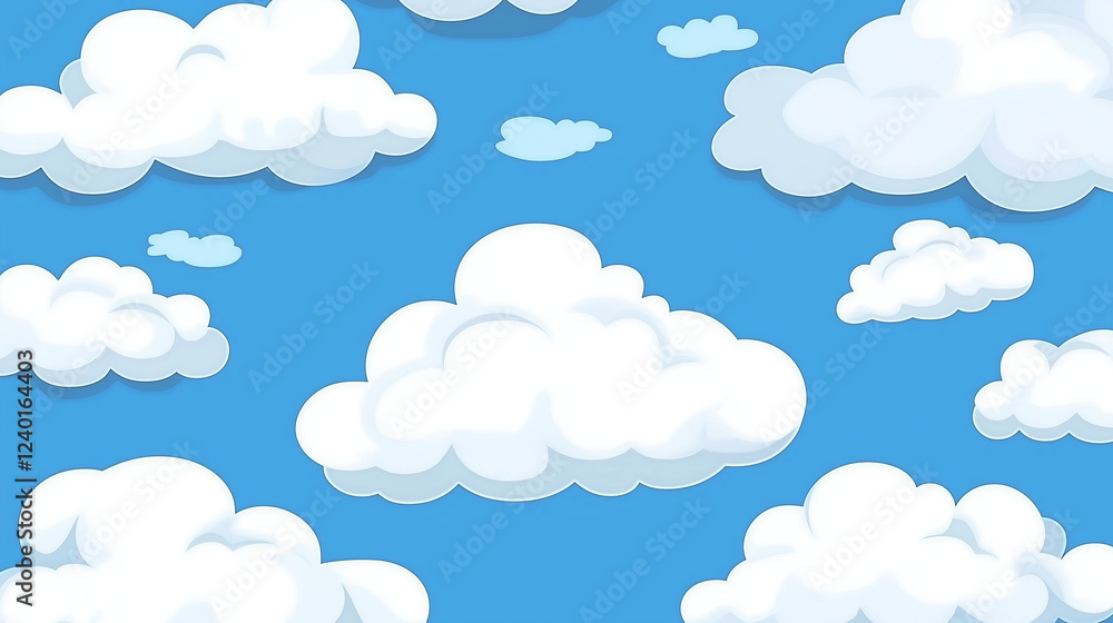 White fluffy cartoon clouds on a bright blue sky background. Simple vector illustration with flat colors, clean design, and seamless pattern concept for wallpapers, textiles, and digital backgrounds. White fluffy cartoon clouds on a bright blue sky background. Simple vector illustration with flat colors, clean design, and seamless pattern concept for wallpapers, textiles, and digital backgrounds.
