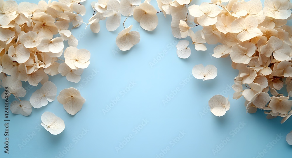 Obraz premium Delicate Dried Hydrangea Petals Frame Light Blue Background