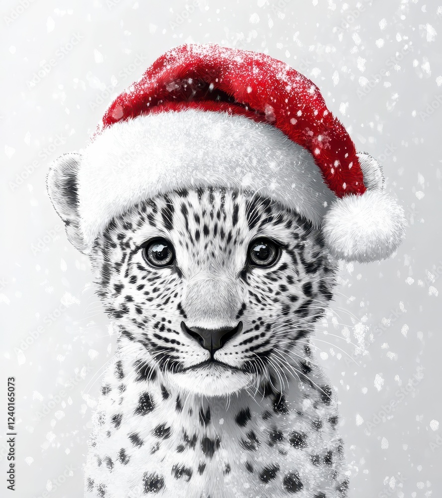 Adorable snow leopard cub wearing a red Santa hat against a snowy white background. The image features a soft, digital painting style with falling Adorable snow leopard cub wearing a red Santa hat against a snowy white background. The image features a soft, digital painting style with falling