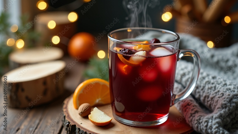 A steaming glass of Scandinavian mulled wine with vodka, almonds, and raisins glows on a rustic table. Warm fairy lights and birchwood create a cozy, festive Nordic scene. A steaming glass of Scandinavian mulled wine with vodka, almonds, and raisins glows on a rustic table. Warm fairy lights and birchwood create a cozy, festive Nordic scene.