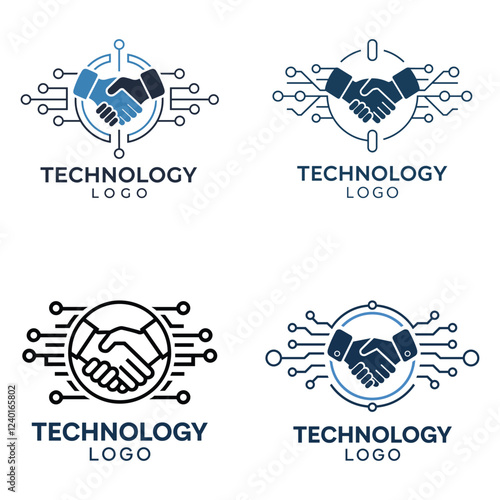 Modern technology logo design set featuring handshake and circuit elements.