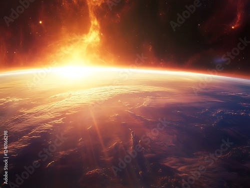 A beautiful sunrise casting golden light over the Earth's horizon as seen from space, with glowing city lights and atmospheric details creating a breathtaking view.